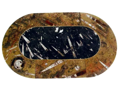 An ornate table from Erfoud, Morocco, featuring a striking inlay of fossilized orthoceras and ammonites embedded in marble, showcasing detailed fossil patterns and craftsmanship